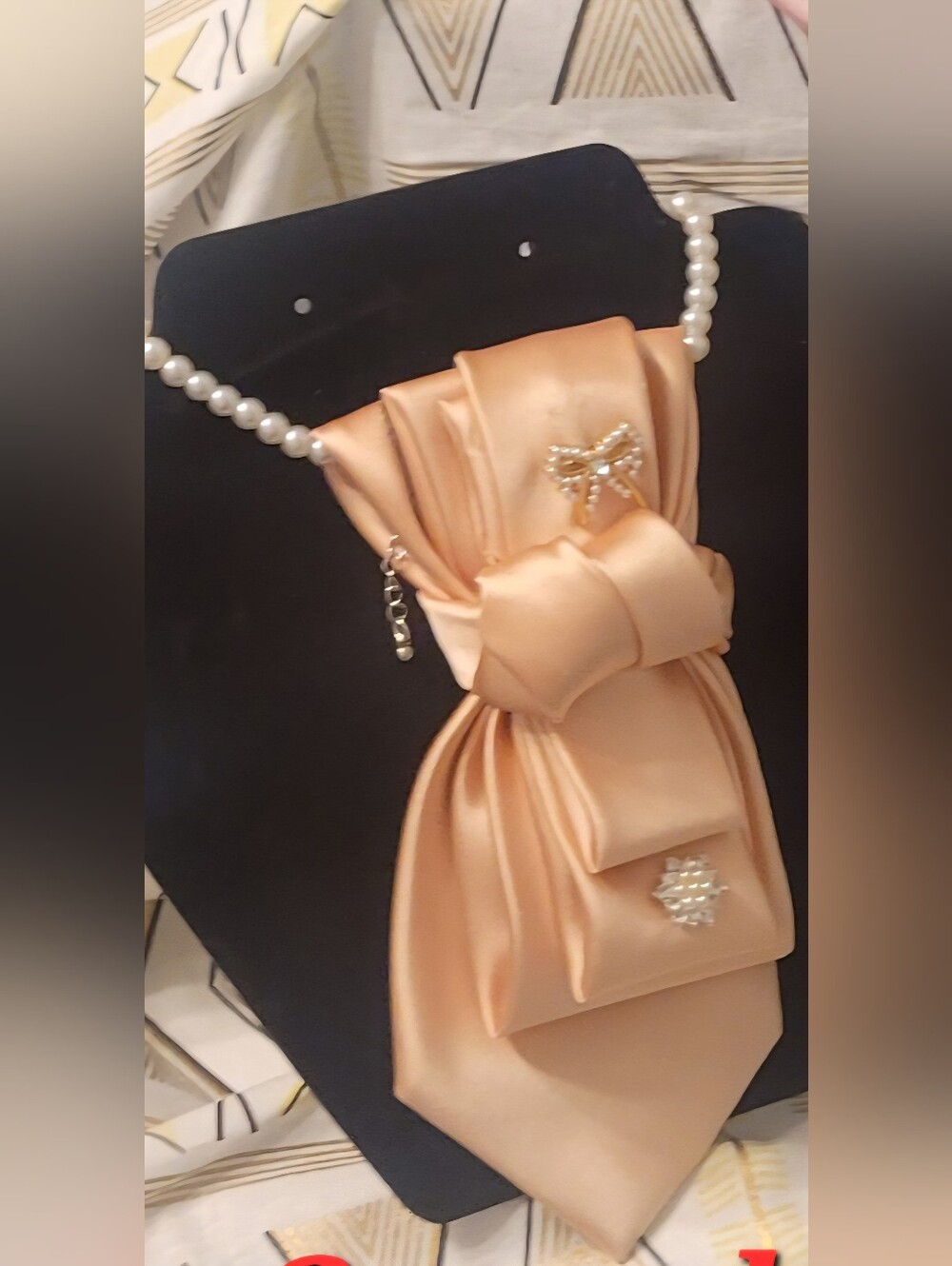 Peach Satin Necktie Necklace Pendant with Pearls
